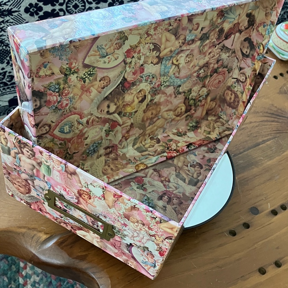 Vintage Victorian Cherub & Angel Floral Collage Storage Box with Lid & ID plate